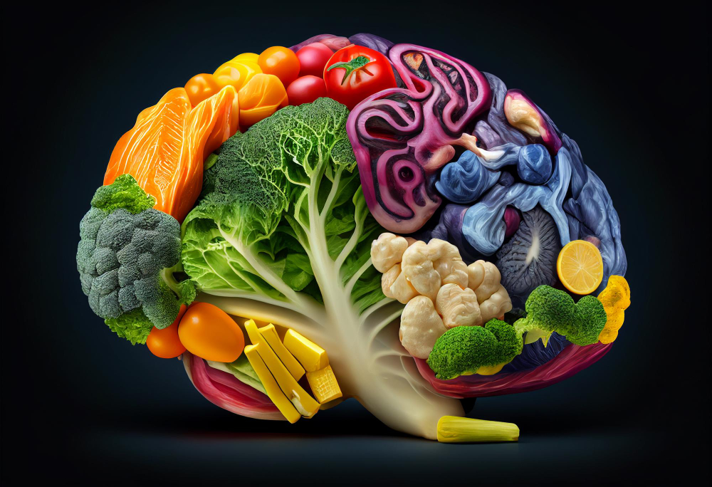 Plate of brain-boosting foods including blueberries, nuts, broccoli, avocado, and quinoa on a white background